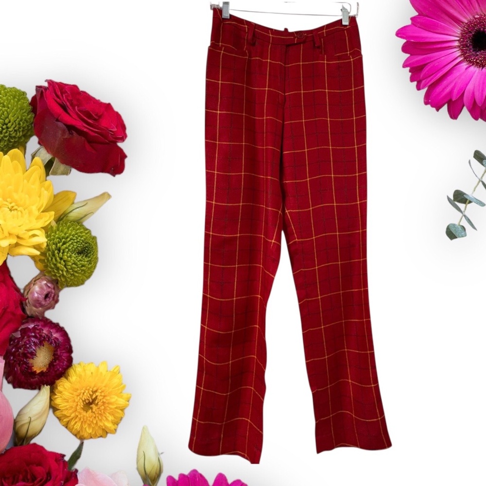 Moschino Cheap & Chic Red Plaid Linen Trousers Straight Leg Pants